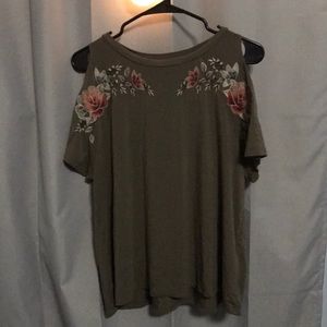 Olive green embroidered cold shoulder shirt